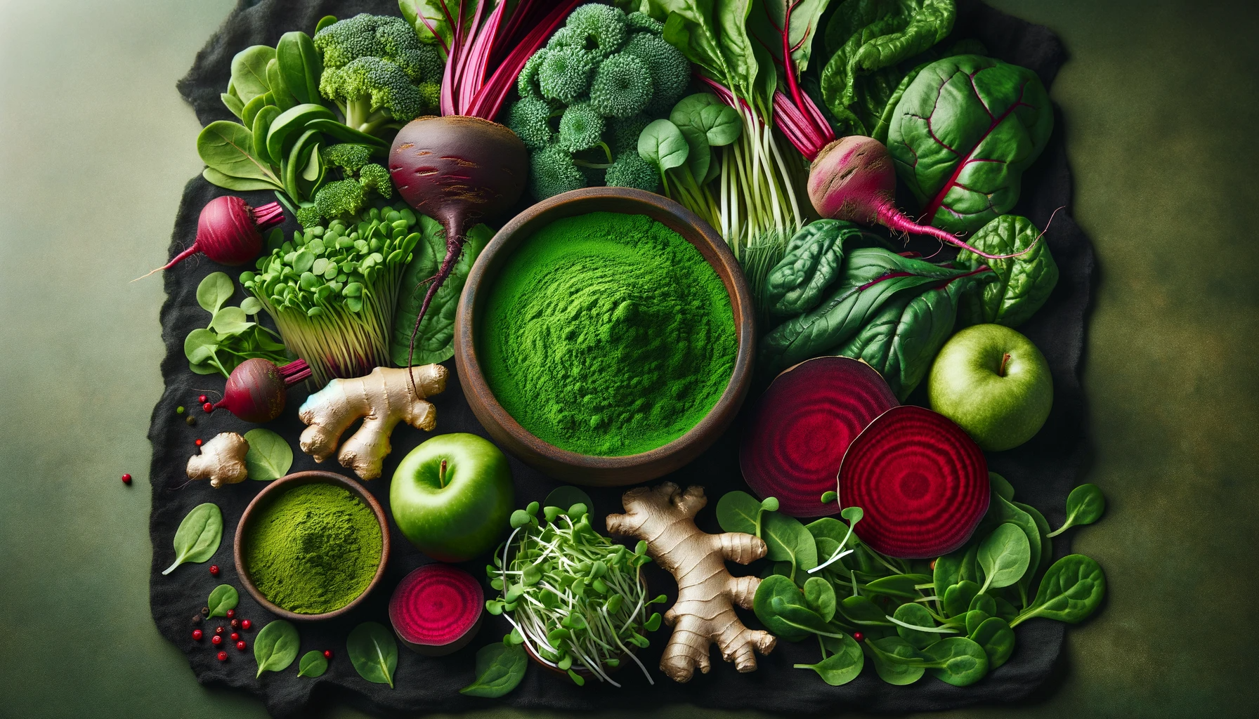 DALL·E 2024-01-11 09.25.26 - Create a wide image featuring a variety of leafy greens such as spinach and kale, along with red beets and ginger root prominently displayed. Include